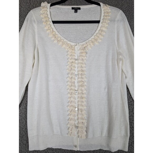 Talbots White Ruffle Front Cardigan Sweater Sz M Cream Pearl Buttons Linen Blend - Picture 2 of 10